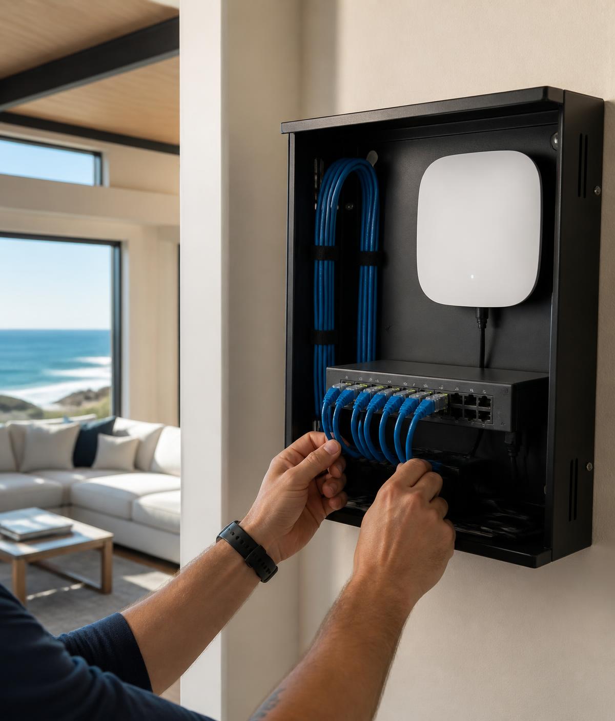 Technician wiring a home network rack in a South Bay coastal home
